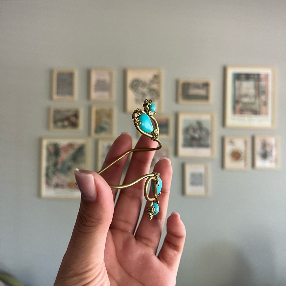 Vintage-Style Brass Cuff Bracelet w/ Turquoise Stones – Adjustable Boho Jewelry - Picture 2 of 6